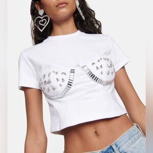 AREA Crystal Bustier Top Cropped White T-Shirt GORGEOUS Sold Out RARE
